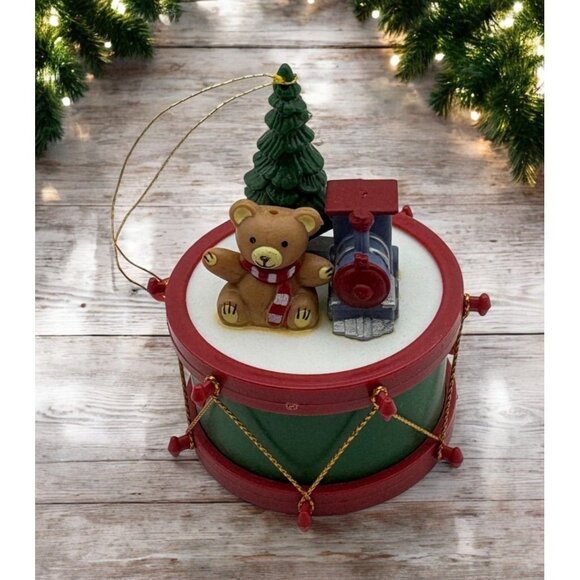 Vintage Toy Drum Christmas Tree Ornament Teddy Bear and Train Whimsical - Picture 1 of 8